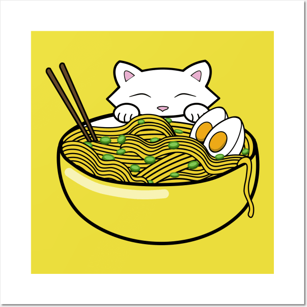 Cute cat eating ramen noodles Wall Art by Purrfect